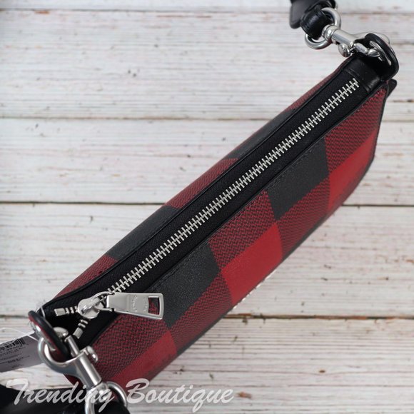 NWT Coach Jes Baguette Crossbody With Buffalo Plaid Print in Black/ Red - Picture 10 of 12